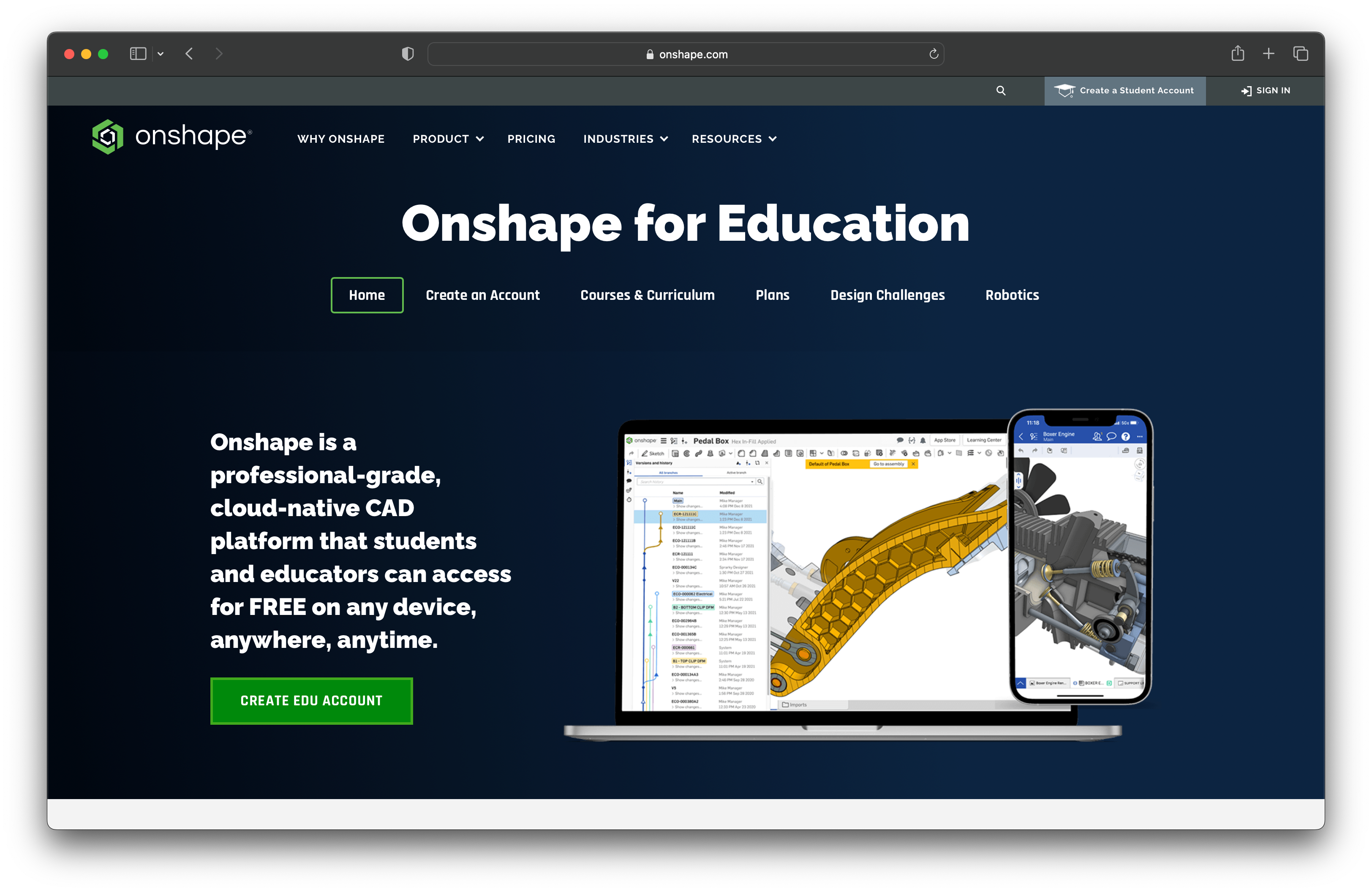 Screenshot of Onshape education page